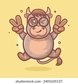 cute bull character mascot with peace sign hand gesture isolated cartoon 
