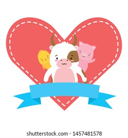 cute bull chick and pig animals heart love ribbon vector illustration