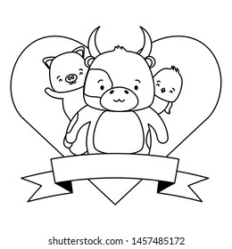 cute bull chick and pig animals heart love ribbon vector illustration