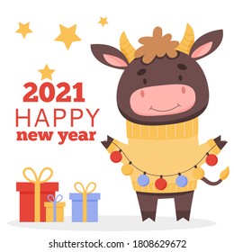 Cute bull with a Christmas gift in a scarf. Symbol of 2021. New Year and Christmas design. Vector flat illustration in cartoon style.Greeting card.