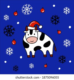 Cute bull in christmas hat on a blue background with snowflakes.