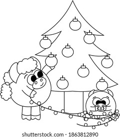 Cute bull, Christmas tree and garland in black and white