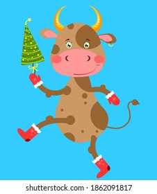 Cute bull with christmas tree. Vector illustration for greeting card, print, poster and invitation.