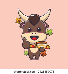 Cute bull with coffee in autumn season. Mascot cartoon vector illustration suitable for poster, brochure, web, mascot, sticker, logo and icon.
