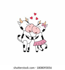 Cute bull and cow hugging each other. Vector cartoon illustration for the Chinese year of the bull, Christmas, Valentine's day. Stickers for social networks, logo design, postcard.