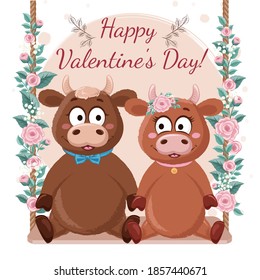 Cute bull   cow in love swing and flowers  Happy Valentine's Day 