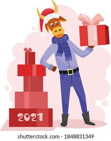 A cute bull or cow stands in a red hat and holds a new year's gift. The bull is a symbol of the New year 2021 according to the Eastern calendar. Vector stock flat illustration