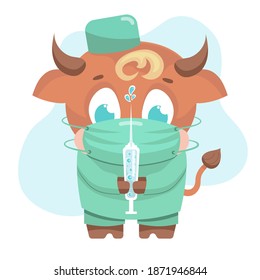 Cute bull doctor in green medical suit with a mask and syringe ready to vaccinate against coronavirus, covid-19. Vector hand drawn cartoon illustration of ox - symbol of the year 2021