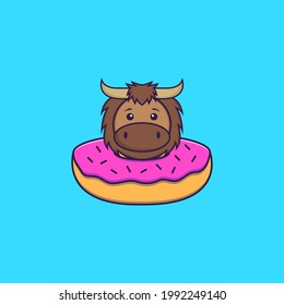 Cute bull with a donut on his neck. Animal cartoon concept isolated. Can used for t-shirt, greeting card, invitation card or mascot.