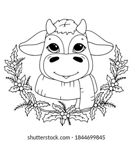 cute bull drawn in cartoon style. Animal symbol of 2021. Collection of new year vector bulls to create a design. Funny Christmas bull. coloring antistress