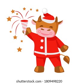 Cute bull dressed as Santa Claus with a cracker. Vector illustration. 