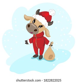 Cute bull dressed as santa claus with bag of gifts. Cow Print for T-shirt, sweater, notepad. Symbol of  new year and christmas. 