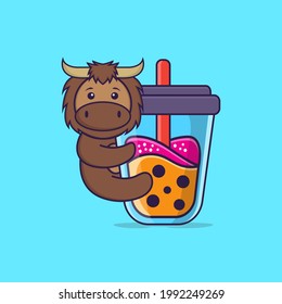Cute bull Drinking Boba milk tea. Animal cartoon concept isolated. Can used for t-shirt, greeting card, invitation card or mascot.