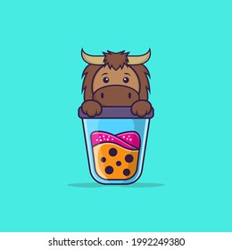 Cute bull Drinking Boba milk tea. Animal cartoon concept isolated. Can used for t-shirt, greeting card, invitation card or mascot.
