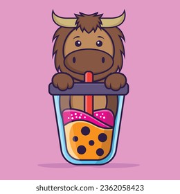 Cute bull Drinking Boba milk tea. Animal cartoon concept isolated. Can used for t-shirt, greeting card, invitation card or mascot.