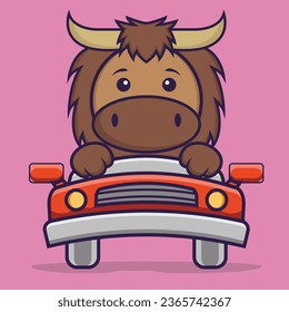 Cute bull is driving. Animal cartoon concept isolated. Can used for t-shirt, greeting card, invitation card or mascot.