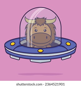 Cute bull Driving Spaceship Ufo. Animal cartoon concept isolated. Can used for t-shirt, greeting card, invitation card or mascot