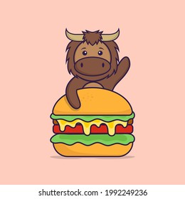 Cute bull eating burger. Animal cartoon concept isolated. Can used for t-shirt, greeting card, invitation card or mascot.