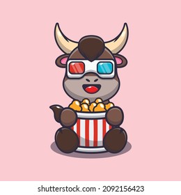 Cute bull eating popcorn and watch 3d movie