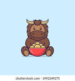Cute bull eating ramen noodles. Animal cartoon concept isolated. Can used for t-shirt, greeting card, invitation card or mascot.
