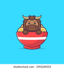 Cute bull eating ramen noodles. Animal cartoon concept isolated. Can used for t-shirt, greeting card, invitation card or mascot.
