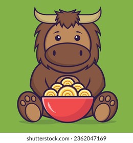 Cute bull eating ramen noodles. Animal cartoon concept isolated. Can used for t-shirt, greeting card, invitation card or mascot.