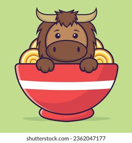 Cute bull eating ramen noodles. Animal cartoon concept isolated. Can used for t-shirt, greeting card, invitation card or mascot.