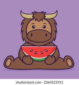 Cute bull eating watermelon. Animal cartoon concept isolated. Can used for t-shirt, greeting card, invitation card or mascot.