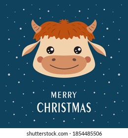Cute bull face. Symbol of 2021 year. Christmas greeting card. Vector