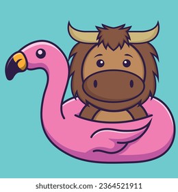 Cute bull With flamingo buoy. Animal cartoon concept isolated. Can used for t-shirt, greeting card, invitation card or mascot.