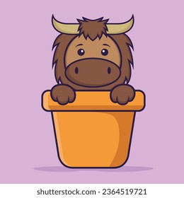 Cute bull in a flower vase. Animal cartoon concept isolated. Can used for t-shirt, greeting card, invitation card or mascot.
