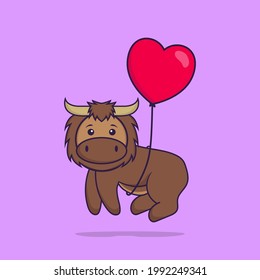 Cute bull flying with love shaped balloons. Animal cartoon concept isolated. Can used for t-shirt, greeting card, invitation card or mascot.