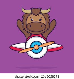 Cute bull flying on a plane. Animal cartoon concept isolated. Can used for t-shirt, greeting card, invitation card or mascot.