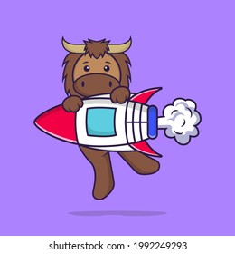 Cute bull flying on rocket. Animal cartoon concept isolated. Can used for t-shirt, greeting card, invitation card or mascot.