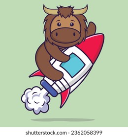 Cute bull flying on rocket. Animal cartoon concept isolated. Can used for t-shirt, greeting card, invitation card or mascot.