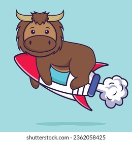 Cute bull flying on rocket. Animal cartoon concept isolated. Can used for t-shirt, greeting card, invitation card or mascot..