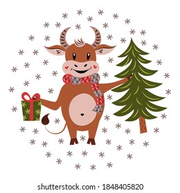 Cute bull with a gift and a Christmas tree in his hands. Cartoon character. The symbol of the New Year according to the Eastern calendar. Flat design. The isolated image on a white background. Vector