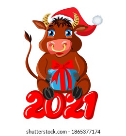 Cute bull with gift. Postcard with the symbol of the new year 2021 according to the Chinese or Eastern calendar. Vector illustration with a cow on a white background. Holiday print with the animal