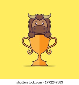 Cute bull with gold trophy. Animal cartoon concept isolated. Can used for t-shirt, greeting card, invitation card or mascot.