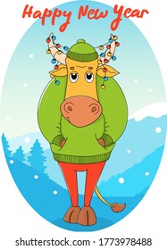 Cute bull in a green sweater and hat. Cartoon character on the background of a winter landscape with a Christmas garland in horns. Colorful vector illustration. Happy New Year 2021.