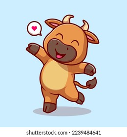 Cute Bull Happy Dancing Cartoon Vector Icon Illustration. Animal Nature Icon Concept Isolated Premium Vector. Flat Cartoon Style