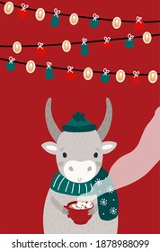 Cute bull in a hat and a scarf with hot cocoa and marshmallows in his hands. Multi-colored garlands and Christmas decorations. Suitable for greeting cards, banners, signage.