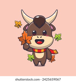 Lindo toro sosteniendo la hoja de otoño. Ilustración vectorial de dibujos animados de mascota adecuada para póster, folleto, web, mascota, pegatina, logotipo e icono.