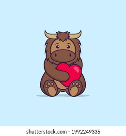 Cute bull holding big red heart  Animal cartoon concept isolated  Can used for t  shirt  greeting card  invitation card mascot 