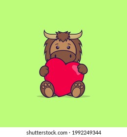 Cute bull holding big red heart  Animal cartoon concept isolated  Can used for t  shirt  greeting card  invitation card mascot 