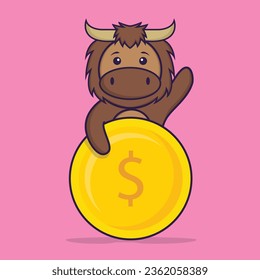 Cute bull holding coin. Animal cartoon concept isolated. Can used for t-shirt, greeting card, invitation card or mascot..