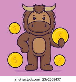 Cute bull holding coin. Animal cartoon concept isolated. Can used for t-shirt, greeting card, invitation card or mascot.
