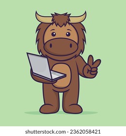 Cute bull holding laptop. Animal cartoon concept isolated. Can used for t-shirt, greeting card, invitation card or mascot.