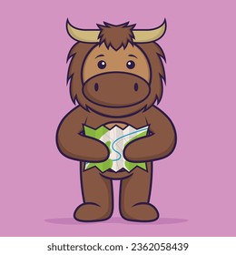 Cute bull holding a map. Animal cartoon concept isolated. Can used for t-shirt, greeting card, invitation card or mascot.