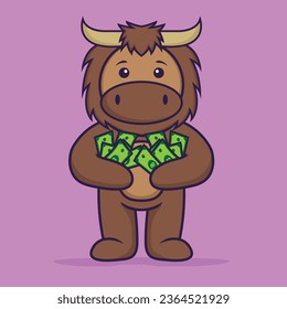 Cute bull holding money. Animal cartoon concept isolated. Can used for t-shirt, greeting card, invitation card or mascot.